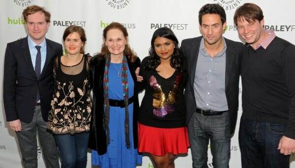 (L-R) Matt Warburton, Zoe Jarman, Beth Grant, Mindy Kaling, Ed Weeks and Ike Barinholtz, courtesy of Samsung Galaxy, during the Paley Center for Media's PaleyFest honoring The Mindy Project at the Saban Theatre, Friday March 8, 2013 in Los Angeles, California. © Kevin Parry for Paley Center for Media.