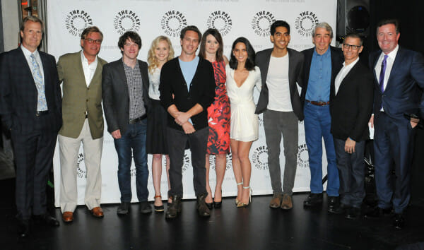 Photo of Piers Morgan, far right, and Michael Lombardo (President, HBO Programming), second from right, with cast and creative team of The Newsroom, courtesy of Samsung Galaxy, during the Paley Center for Media's PaleyFest honoring The Newsroom, at the Saban Theatre, Sunday March 3, 2013 in Los Angeles, California. © Kevin Parry for Paley Center for Media.