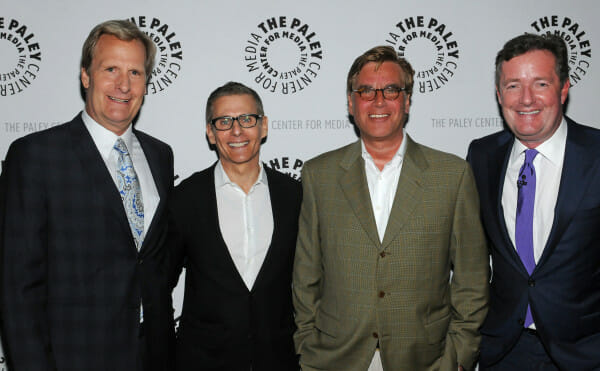 (L-R) Photo of Jeff Daniels, Michael Lombardo (President, HBO Programming), Aaron Sorkin and Piers Morgan, courtesy of Samsung Galaxy, during the Paley Center for Media's PaleyFest honoring The Newsroom, at the Saban Theatre, Sunday March 3, 2013 in Los Angeles, California. © Kevin Parry for Paley Center for Media.