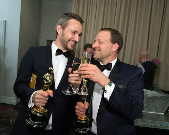Anders Walter and Kim Magnusson after winning the category Best live action short film for work on “Helium”