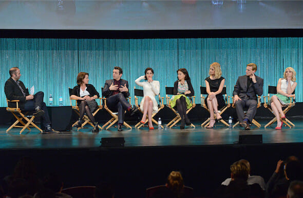 Moderator Jarett Wieselman with executive producer Michelle Ashford, Michael Sheen, Lizzy Caplan, executive producer Sarah Timberman, Caitlin FitzGerald, Teddy Sears and Annaleigh Ashford at PALEYFEST 2014 honoring Masters of Sex at The Dolby Theatre on March 24, 2014 in Hollywood, California. © Kevin Parry for Paley Center for Media