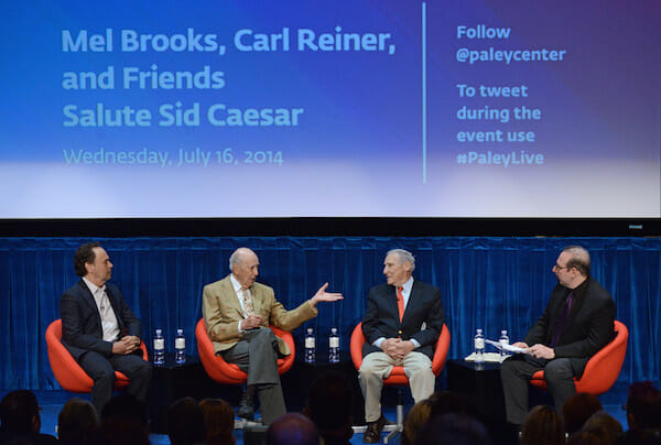 BEVERLY HILLS, CA - JULY 16 (L-R): Billy Crystal, Carl Reiner, Mel Brooks and moderator Eddy Friedfeld at the Paley Center’s special evening honoring iconic comedian Sid Caesar, Mel Brooks, Carl Reiner & Friends Salute Sid Caesar, on July 16, 2014 at The Paley Center for Media in Beverly Hills, California. © Kevin Parry for The Paley Center for Media