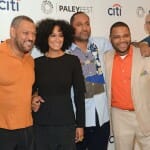 (L-R): black-ish executive producer Brian Dobbins, Laurence Fishburne, Tracee Ellis Ross, creator & executive producer Kenya Barris, Anthony Anderson and executive producer Larry Wilmore attend the 2014 PALEYFEST Fall TV Previews honoring ABC’s black-ish and Cristela at The Paley Center for Media in Beverly Hills on September 11, 2014.