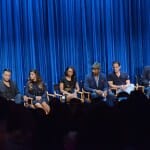 BEVERLY HILLS, CA - SEPTEMBER 06 (L-R): Jane The Virgin executive producers Ben Silverman and Jenny Snyder Urman, Jaime Camil, Gina Rodriguez, Candice Patton, Jesse L. Martin, with The Flash executive producers Greg Berlanti and Andrew Kreisberg, and moderator Natalie Abrams of Entertainment Weekly at the 2014 PALEYFEST Fall TV Previews honoring The CW's Jane The Virgin and The Flash at The Paley Center for Media in Beverly Hills on September 6, 2014. © Kevin Parry for The Paley Center for Media.