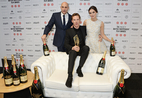 (L to R) Mark Strong, Benedict Cumberbatch, winner of The Variety Award, and Keira Knightley pose at The Moet British Independent Film Awards 2014 at Old Billingsgate Market on December 7, 2014 in London, England. (Photo by David M. Benett/Getty Images for The Moet British Independent Film Awards) Mark Strong; Benedict Cumberbatch; Keira Knightley