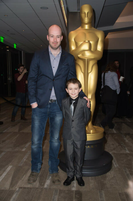 From left: Michael Lennox, co-director of the Oscar® nominated live action short film "Boogaloo and Graham" and actor Riley Hamilton prior to the Academy of Motion Picture Arts and Sciences' “Oscar Celebrates: Shorts” event