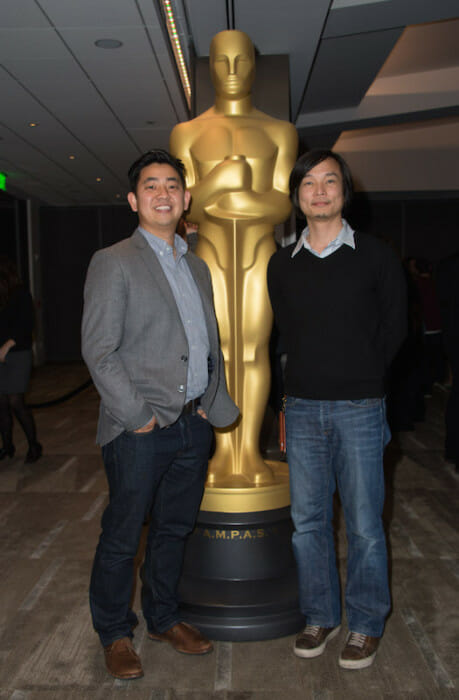 From left: Robert Kondo and Dice Tsutsumi, co-directors of the Oscar® nominated animated short film "The Dam Keeper" prior to the Academy of Motion Picture Arts and Sciences' “Oscar Celebrates: Shorts” event
