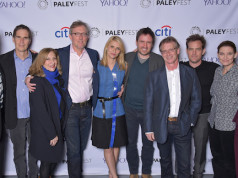 (L-R): Sean Callery (composer), Chip Johannessen (EP), Lesli Linka Glatter (EP/director), Alex Gansa (EP), Claire Danes, Alex Cary (EP), Patrick Harbinson (co-EP), Maury Sterling, Meredith Stiehm, and moderator Julie Chen at PALEYFEST LA 2015 honoring Homeland, presented by The Paley Center for Media, at the Dolby Theatre on March 6, 2015 in Hollywood, California. © Michael Bulbenko for Paley Center for Media