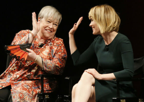 Kathy Bates, left, and Sarah Paulson take part in a provocative conversation during the Television Academy’s member event, “An Evening with the Women of American Horror Story,”