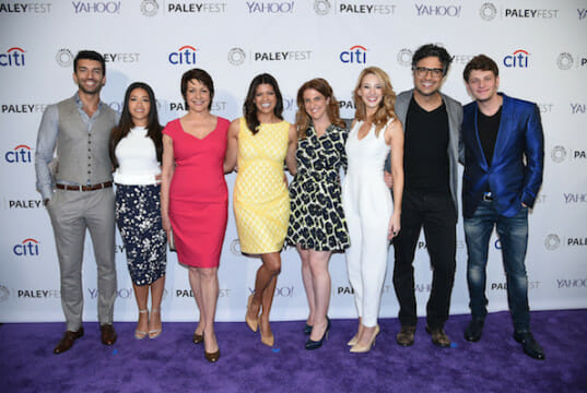 Justin Baldoni, Gina Rodriguez, Ivonne Coll, Andrea Navedo, Executive Producer/Showrunner Jennie Urman, Yael Grobglas, Jaime Camil, and Brett Dier arrive at PALEYFEST LA 2015 honoring Jane The Virgin, presented by The Paley Center for Media, at the Dolby Theatre on March 15, 2015 in Hollywood, California. © Rob Latour for Paley Center for Media