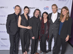 Tobias Menzies, Caitriona Balfe, executive producer & writer Ronald D. Moore, Diana Gabaldon (Author, Outlander book series), Sam Heughan, and moderator Kristin Dos Santos attend PALEYFEST LA 2015 honoring Outlander, presented by The Paley Center for Media, at the Dolby Theatre on March 12, 2015 in Hollywood, California. © Michael Bulbenko for Paley Center for Media