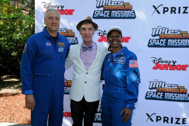 Bill Nye, NASA astronauts Dr. Mike Massimino and Dr. Yvonne Cagle at "Miles from Tomorrowland: Space Missions" at New York Hall of Science