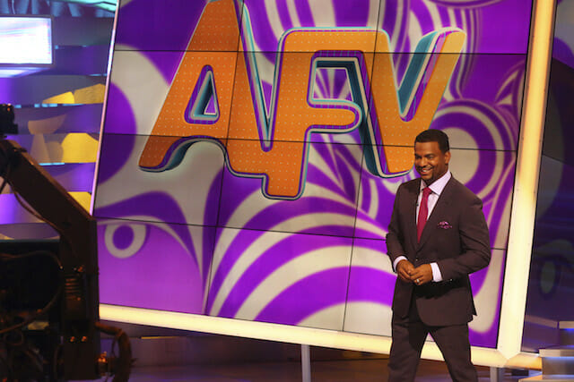 AMERICA'S FUNNIEST HOME VIDEOS - "Episode 2601" -- "America's Funniest Home Videos," the longest-running primetime show in ABC history, returns with new host Alfonso Ribeiro ("Dancing with the Stars," "The Fresh Prince of Bel-Air") on SUNDAY, OCTOBER 11 (7:00-8:00 p.m., ET) on the ABC Television Network. The video highlights in the season 26 premiere episode include a package of "Animal Encounters" complete with an affectionate seal who jumps into a man's kayak to snuggle, a dolphin who gives a woman climbing into a boat a playful nudge, a sneaky raccoon is caught on camera climbing into the house through a doggy door to steal the dog's food, a woman finds a possum underneath her bed, and a practical joke is played on a group of teens who bite into caramel onions rather than apples. (ABC/Michael Ansell)