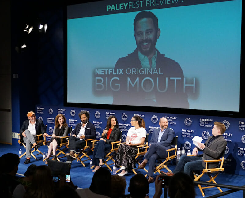 Big Mouth panelists included: Jason Mantzoukas, “Jay”; Jenny Slate, “Missy”; Jessi Klein, “Jessi”; Co-Creator, Andrew Goldberg; and Executive Producers Jennifer Flackett and Mark Levin; with IndieWire’s Ben Travers as the moderator.
