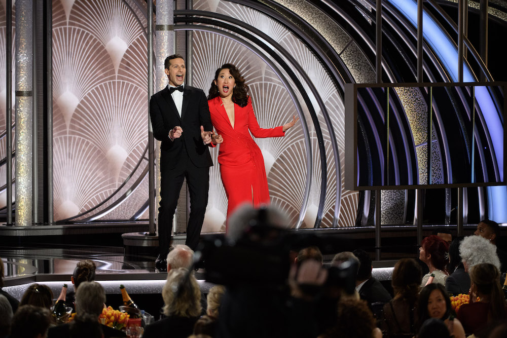 Hosts Andy Samberg and Sandra Oh onstage during the 76th Annual Golden Globe Awards at the Beverly Hilton in Beverly Hills, CA on Sunday, January 6, 2019.