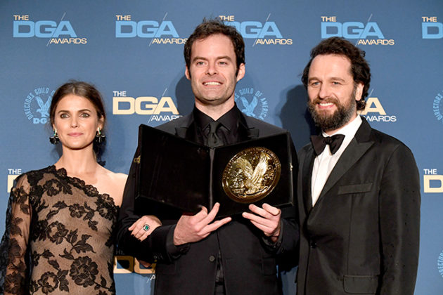 Outstanding Directorial Achievement in Comedy Series winner Bill Hader (Barry, “Chapter One- Make Your Mark”) with presenters Keri Russell and Matthew Rhys