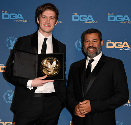 Outstanding Directorial Achievement of a First-Time Feature Film Director winner Bo Burnham (Eighth Grade) with presenter and 2017 winner Jordan Peele
