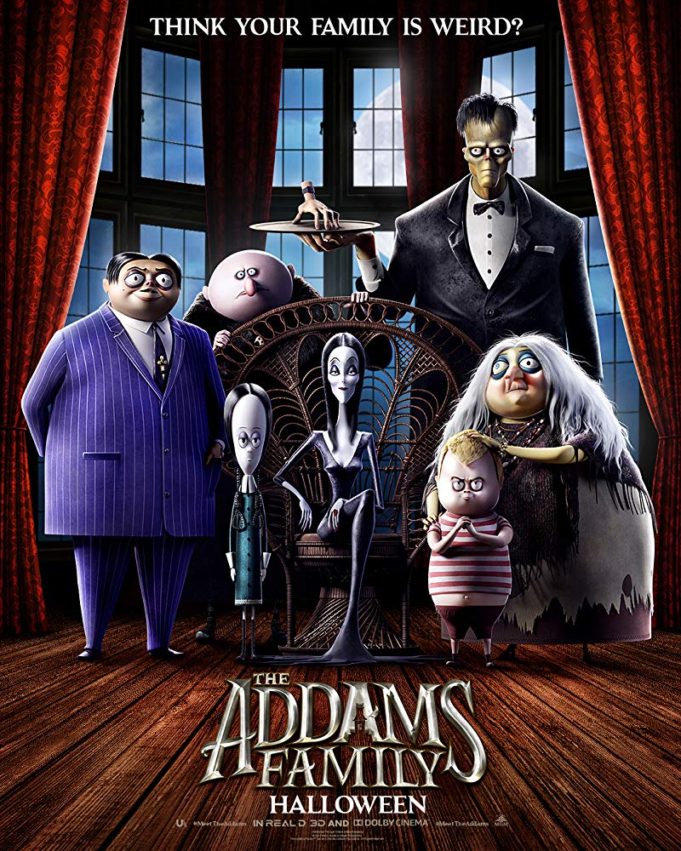 Charlize Theron, Bette Midler, Oscar Isaac, Chloë Grace Moretz, Nick Kroll, and Finn Wolfhard in The Addams Family