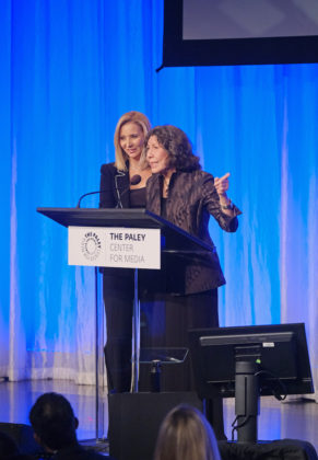 BEVERLY HILLS, CA – NOVEMBER 21: Presenter Lisa Kudrow and Honoree Lily Tomlin at The Paley Honors: A Special Tribute to Television's Comedy Legends in Beverly Hills on November 21, 2019. © Michael Bulbenko for the Paley Center