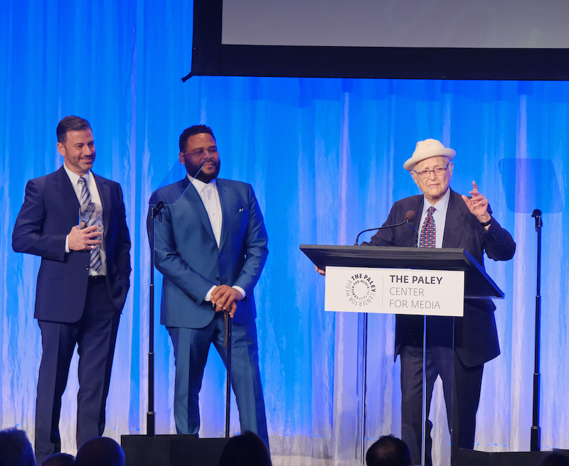 BEVERLY HILLS, CA – NOVEMBER 21: Presenters Anthony Anderson and Jimmy Kimmel with Honoree Norman Lear at The Paley Honors: A Special Tribute to Television's Comedy Legends in Beverly Hills on November 21, 2019. © Michael Bulbenko for the Paley Center