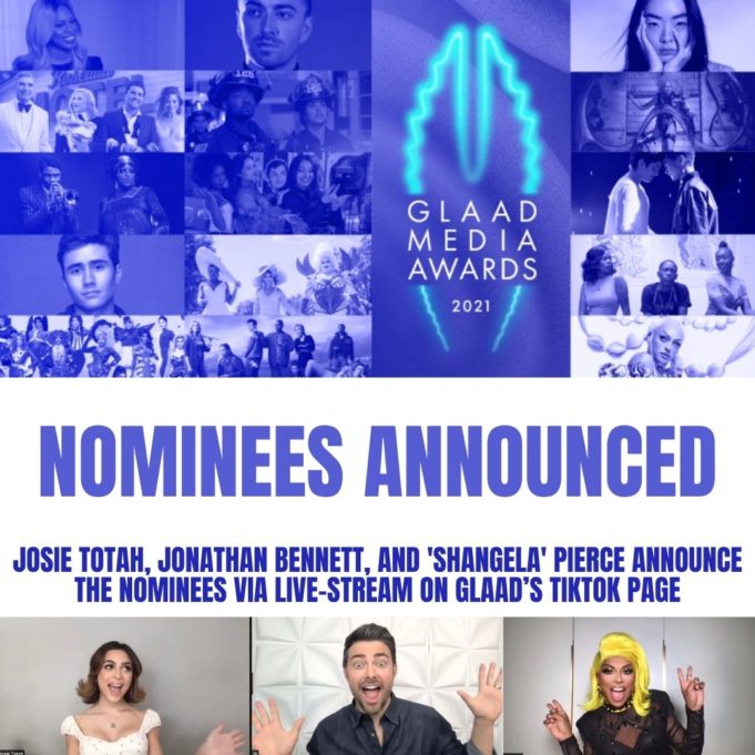 Josie Totah, 'Shangela' Pierce, and Jonathan Bennett announce the nominees via live-stream on GLAAD’s TikTok page