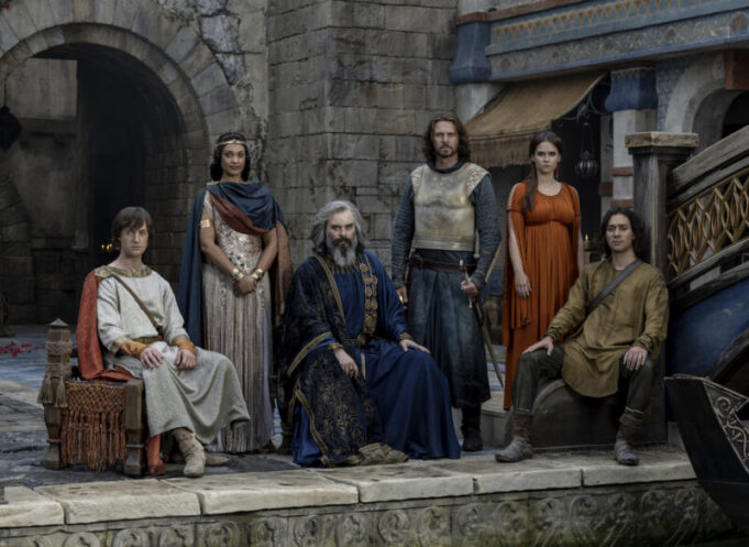 Lloyd Owen, Trystan Gravelle, Cynthia Addai-Robinson, Maxim Baldry, Leon Wadham, and Ema Horvath in The Lord of the Rings: The Rings of Power (2022)