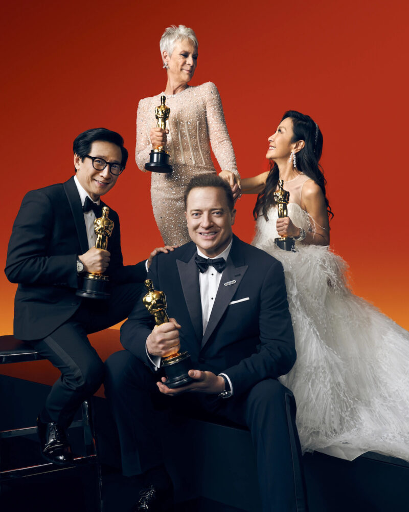 Brendan Fraser, Ke Huy Quan, Michelle Yeoh and Jamie Lee Curtis Winner of Best Actor for The Whale, and Best Supporting Actor, Best Actress and Best Supporting Actress for Everything Everywhere All at Once. Photo credit: Michelle Watt