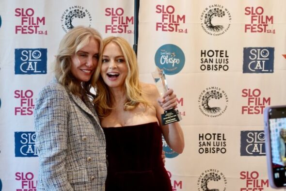 Actor, Writer, Director and Producer Heather Graham (Chosen Family) with best friend on the red carpet with King Vidor Award at the 2024 SLO Film Festival.
